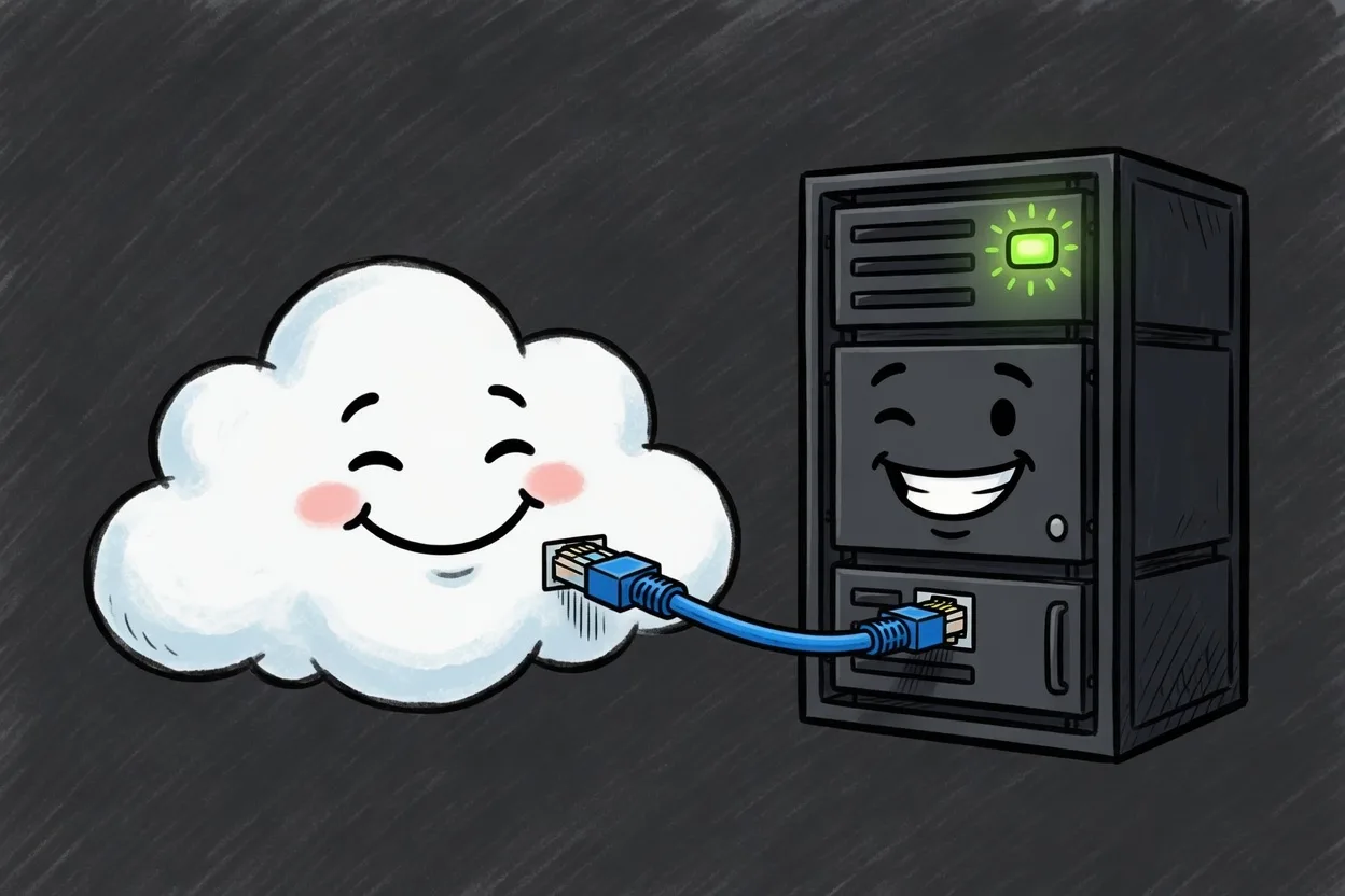 A smiling cartoon cloud plugged by an ethernet cable into a smiling server rack, both looking happy to be working together